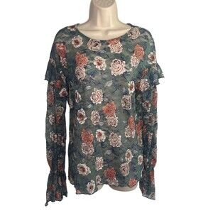 Melrose & Market Sheer Floral Ruffle Whimsical Dreamy Stretchy Blouse Sz MD